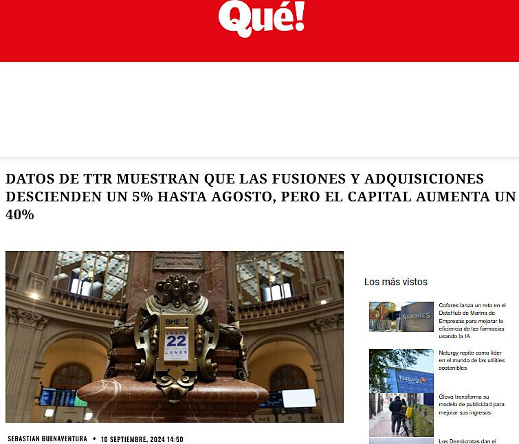 Datos de TTR muestran que las fusiones y adquisiciones descienden un 5% hasta agosto, pero el capital aumenta un 40%